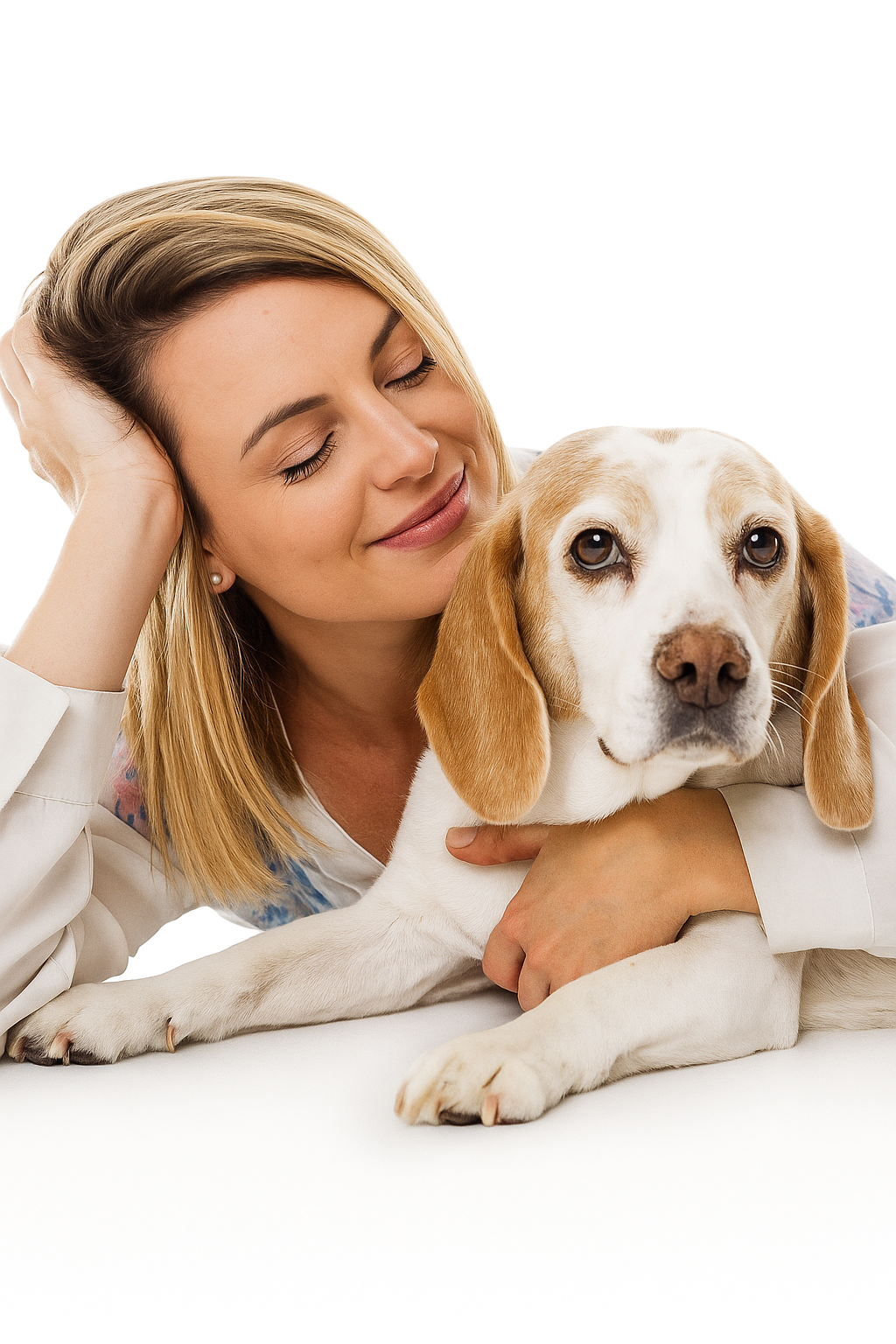 A woman sitting outdoors with her dog, choosing a breed that fits her lifestyle