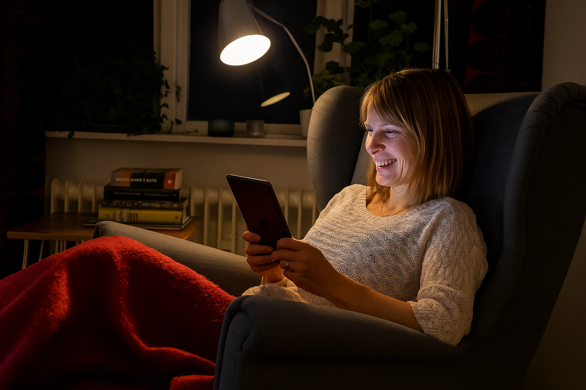 A cozy reading nook with a person reading an eBook on a tablet