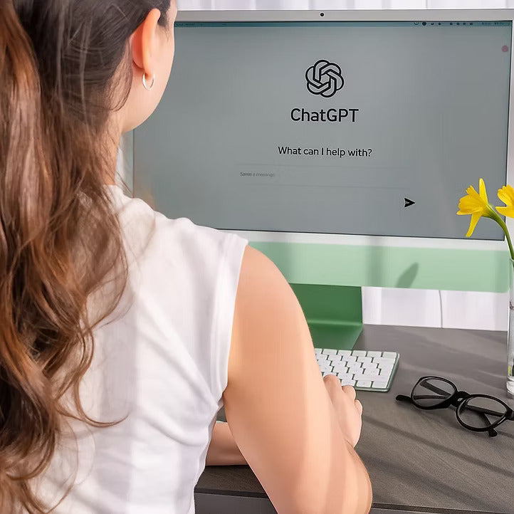 Woman working at a laptop while using ChatGPT to plan her day