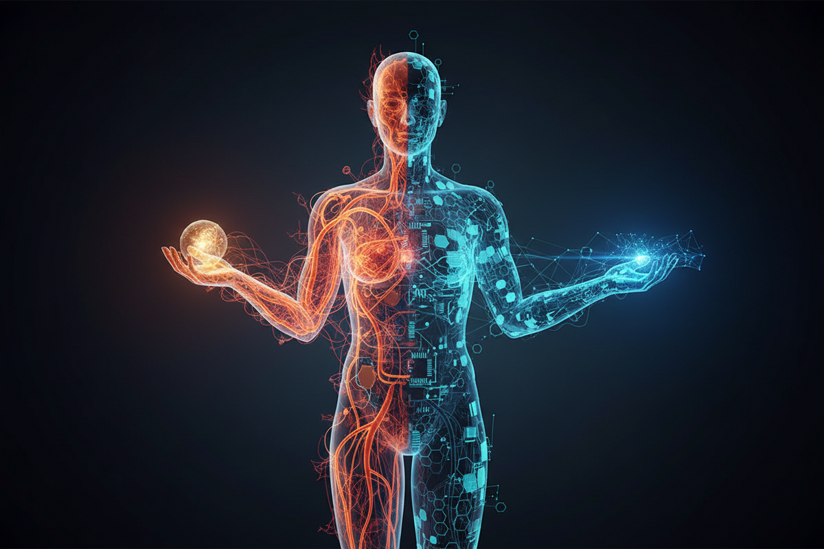 A human hand and a digital hand reaching towards each other, showing people working with AI