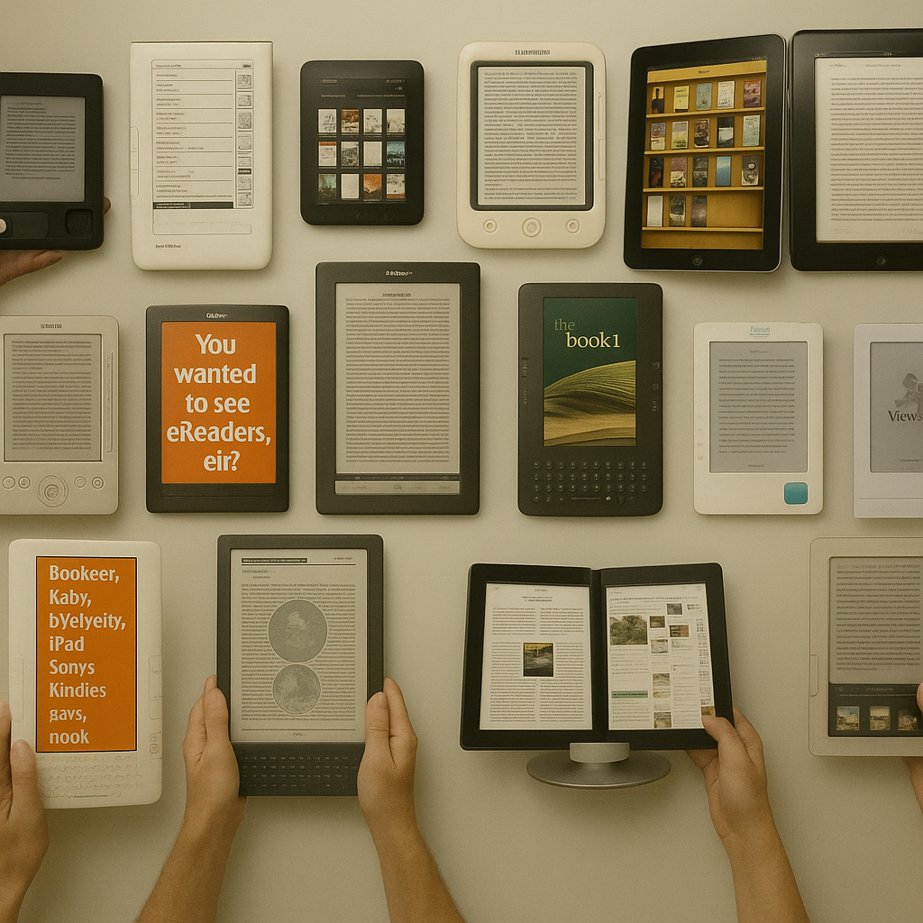 An open printed book beside a digital reader, showing the shift from paper to pixels