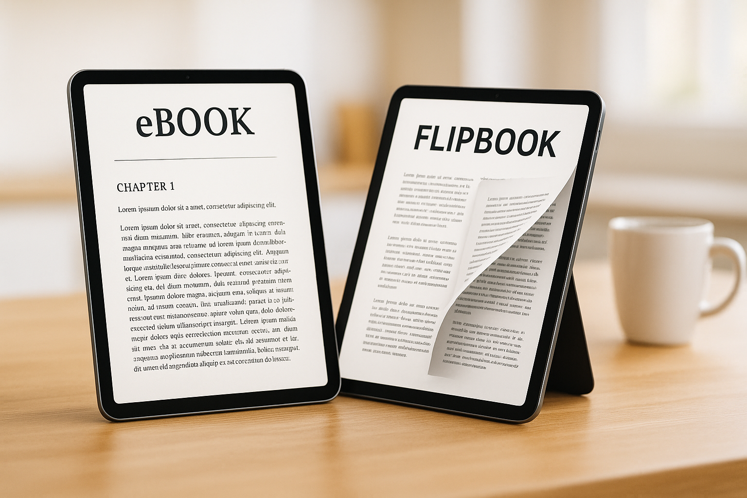 A flipbook and an eBook shown side by side on a tablet screen